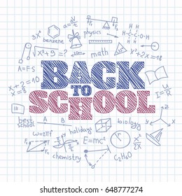 Back to school banner. Blackboard with chalk inscription. Chalkboard vector illustration card. Formulas sketch doodle background