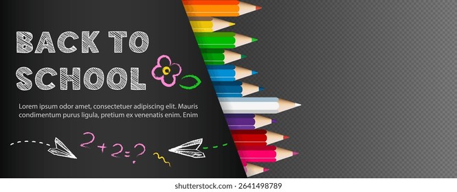 Back to school. Banner with a blackboard and colored pencils and a place for photos