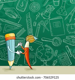 Back to school banner. A blank with a school board and doodle drawings on it.Brush and pencil dance on the table. Sketch drawings chalk on a blackboard