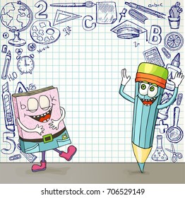 Back to school banner. A blank with a school paper and doodle drawings on it. Book and pencil stand on the table and laugh. Sketch drawings pen on a sheet of paper