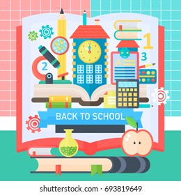 Back To School Banner with book, education icons and school bulding. Vector Flat Illustration. School Education Concept. Vector illustration.