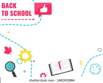 Back to school banner with book, magnifier, brain and like sign. Education promo picture. 