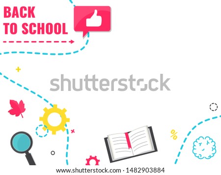 Back to school banner with book, magnifier, brain and like sign. Education promo picture. 