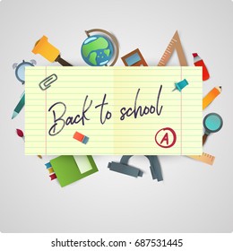 Back to school banner with book and other supplies. Paper cut cartoon polygonal trendy craft style. Modern origami teaching, education and learning symbol design. Vector illustration or background.