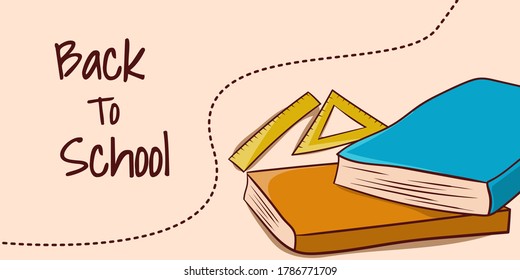 Back to school banner. Book and ruler doodle style background design
