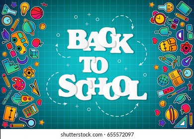 Back to School banner with border from stickers of education, science objects and office supplies on the green chalkboard background.