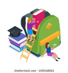 Back to school banner. Boy collects a backpack to school. Isometric vector illustration