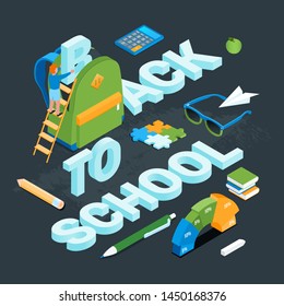 Back to school banner. Boy collects a backpack to school. Words surrounded with layout of school stationery. Isometric vector illustration