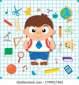Back to school banner with boy, squared paper page background poster. Vector illustration