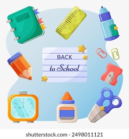 Back to school banner. Bright school set of school supplies, pen, pencil, scissors, alarm clock, notebook. Template for banner, poster, flyer, postcard