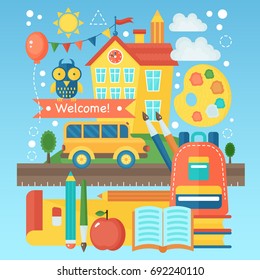 Back To School Banner with school building, bus and education icons. Vector Flat Illustration. School Education Concept. Vector illustration.