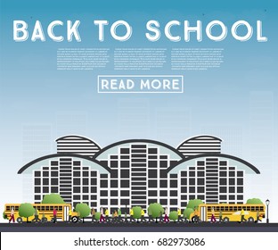 De vuelta a la escuela. Cartel con el Autobús Escolar, Edificio y Estudiantes. Ilustración vectorial.