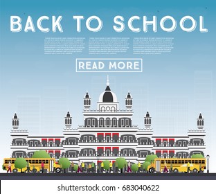 Back to School. Banner with School Bus, Building and Students. Vector Illustration.