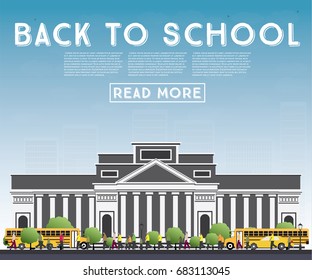 Back to School. Banner with School Bus, Building and Students. Vector Illustration.