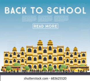 De vuelta a la escuela. Cartel con el Autobús Escolar, Edificio y Estudiantes. Ilustración vectorial.