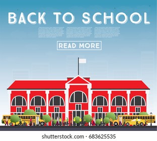 Back to School. Banner with School Bus, Building and Students. Vector Illustration.