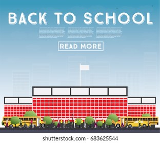 Back to School. Banner with School Bus, Building and Students. Vector Illustration.