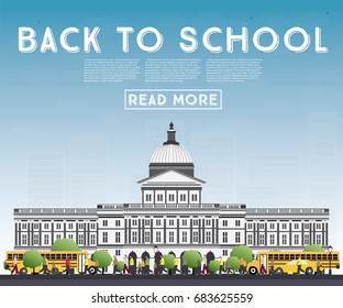 De vuelta a la escuela. Cartel con el Autobús Escolar, Edificio y Estudiantes. Ilustración vectorial.