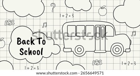 Back to school banner with school bus, doodle clouds, math symbols on grid paper background. Hand drawn cartoon style illustration for classroom posters, educational flyers, school reopening designs.