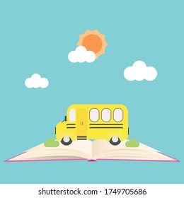 Back to school banner with school bus on open book.