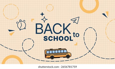 Anuncio de regreso a la escuela con un autobús escolar, un avión de papel y un despertador. Concepto de Educación para los estudiantes que regresan.