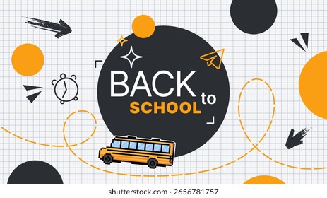 Anuncio de regreso a la escuela con un arte de píxeles de autobús escolar y texto en marco circular. Afiche de concepto de Educación para el anuncio.