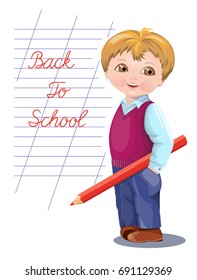 Back to School banner, card, flyer with schoolboy in uniform standing in front of lined notebook and back to school handwritten quote. Vector illustration in eps10 format.