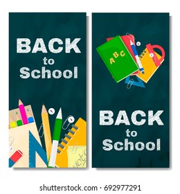 Back to school banner. Chalk board with text and school tools