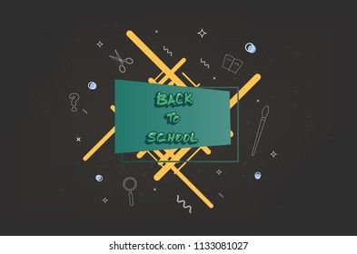 Back to school banner with chalkboard and geometric composition. Template for season promotion cards. Education cover with decoration. Vector illustration. 