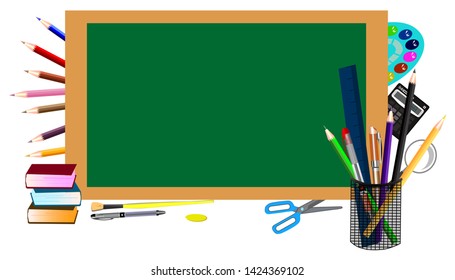 Back to School Banner with Chalkboard & Office Supplies Isolated on White Background. Realistic Vector Illustration