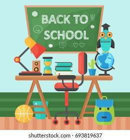 Back To School Banner Chalkboard and pupil table. Vector Flat Illustration. School Education Concept. Vector illustration.