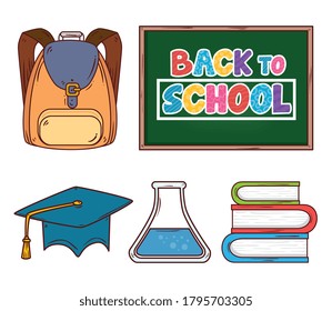 back to school banner with chalkboard and set of education supplies icons vector illustration design