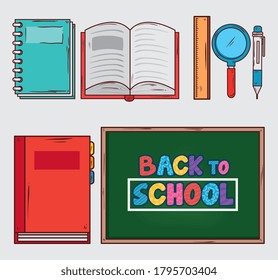 back to school banner with chalkboard and set of education supplies vector illustration design
