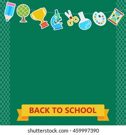Back To School Banner with Chalkboard and school supplies. Cartoon flat vector illustration. Objects isolated on a white background.