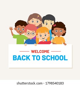 Back to school banner with school children boys and girls. Smiling multiracial pupils 