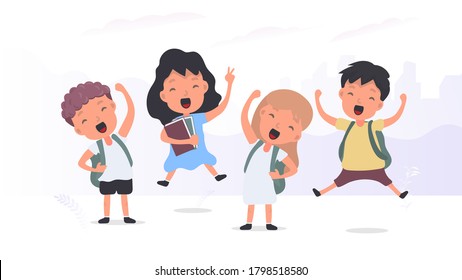 Back to school banner. Children rejoice at the start of the school year. Satisfied schoolchildren. Vector.