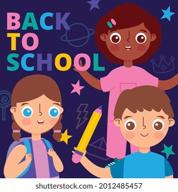back to school banner with children and stars. vector illustration