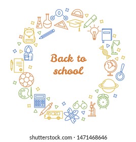 Back to school banner, circle frame with colorful line icons