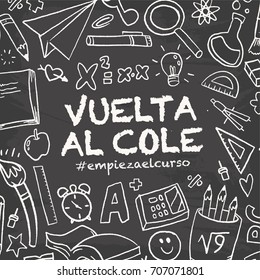 Back to school banner. "Back to school, the class begins" written in Spanish. Vector pattern with school elements