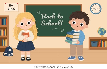 Back to School Banner. Classroom scene with a blonde schoolgirl holding a notebook and a dark haired schoolboy carrying a stack of books in front of a green Back to School chalkboard. 