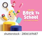 Back to school banner clipart design. Colorful school supplies and items elements with podium display, white and pink abstract background. Vector illustration. 
