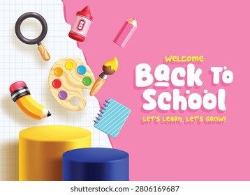 Back to school banner clipart design. Colorful school supplies and items elements with podium display, white and pink abstract background. Vector illustration. 
