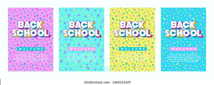 Back to school banner with color memphis background for school shopping, party poster, online education, event, decoration, printing. Vector 10 eps