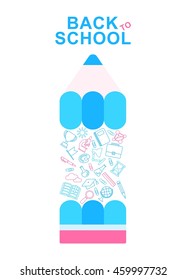 Back To School Banner with color pencil and school supplies lines icons. Cartoon flat vector illustration. Objects isolated on a white background.