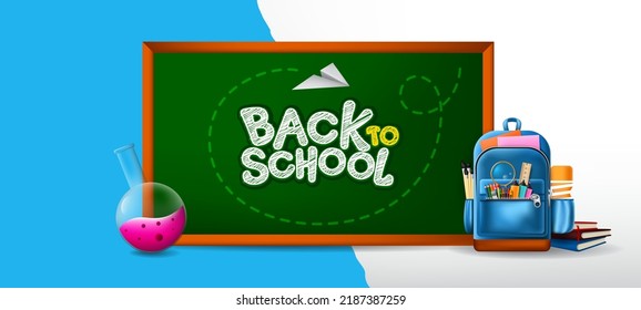 Back to School Banner with Colorful  School Supplies Illustration at the Background. Vector Illustration Template. Landscape