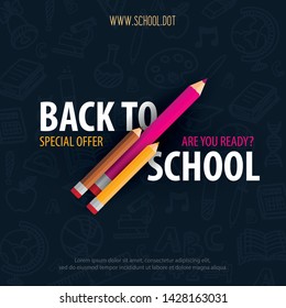 Back to School banner with colour pencils and hand drawn doodle backgrounds. Vector illustration