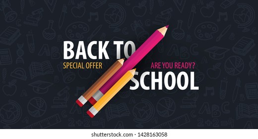 Back to School banner with colour pencils and hand drawn doodle backgrounds. Vector illustration