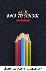 Back to School banner with colour pencils and hand drawn doodle backgrounds. Vector illustration