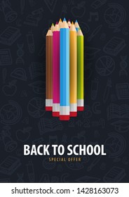 Back to School banner with colour pencils and hand drawn doodle backgrounds. Vector illustration