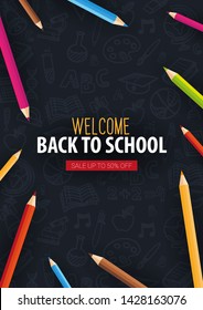 Back to School banner with colour pencils and hand drawn doodle backgrounds. Vector illustration
